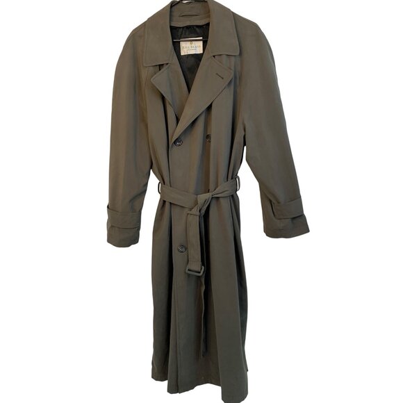 VTG 90s Bill Blass Menswear Olive Double-Breast Trench Coat 42R Zip Lining RS104